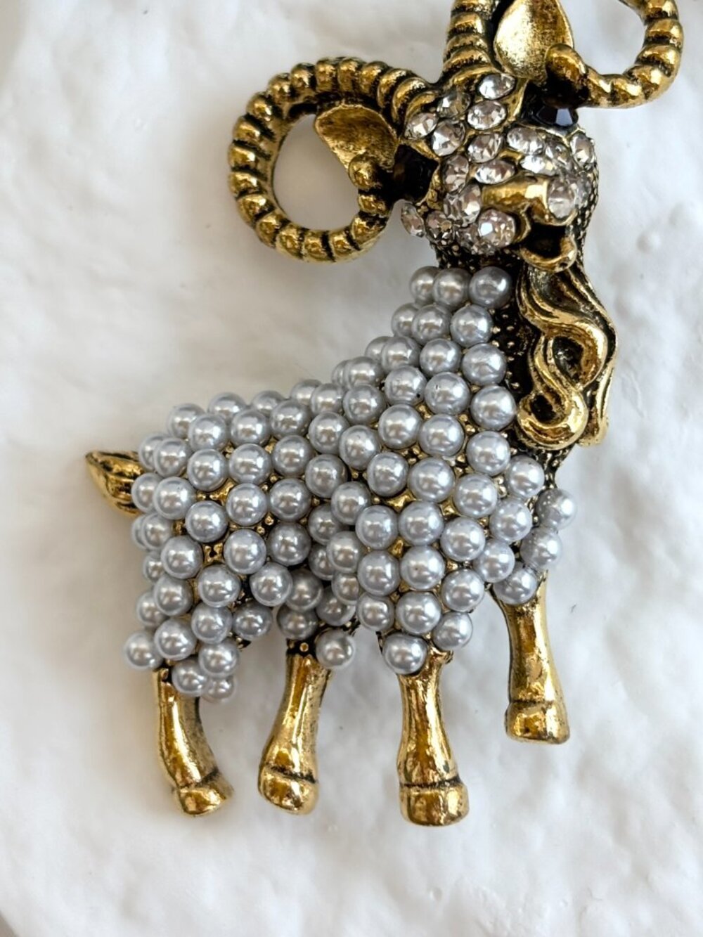 Goat Figural Gold Toned Pearl Accented Vintage Style Textured Brooch Pin - Picture 6 of 15